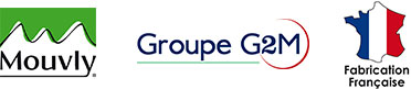Ensemble des logos de Mouvly, Groupe G2M et Fabrication Française.